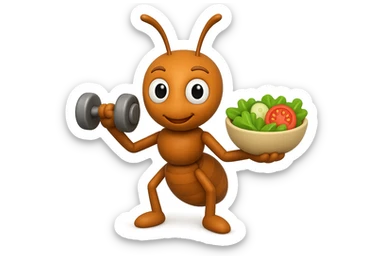 EMOJI STILE IPHONE 3D DI UNA formica CHE ha un manubrio da palestra nella mano destra e un insalata nella mano sinistra, FAGLI GLI OCCHI CON LA PARTE BIANCA, NON SOLO LA PUPILLA sticker