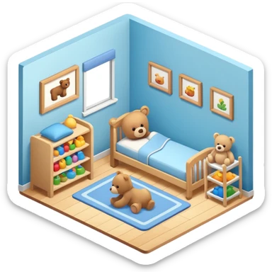 isometric baby room, Crib beside toy shelf and rug sticker