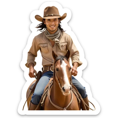 clash-of-clans-aesthetic_-cinematic-playful-cowboy-portrait-emoji, head-tilted with a roguish, cheeky grin and twinkling eyes, featuring a wide-brimmed cowboy hat and a weathered bandana on tan skin, riding a powerful galloping horse with dynamic flowing mane, reins gripped firmly in one hand and a lasso in the other, as dust swirls behind them in a vast desert landscape. sticker