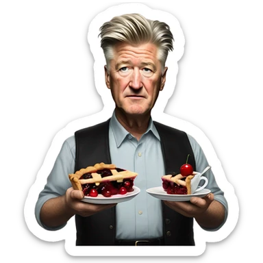david lynch holding a cherry pie and coffee sticker