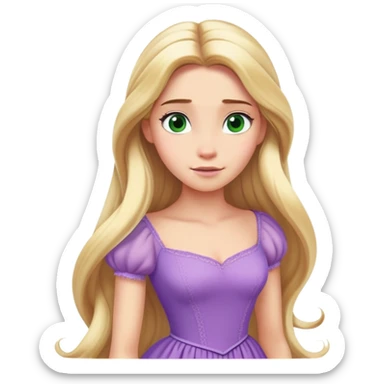 Rapunzel from hips up, lavender purple dress, extra long flowing blonde hair, green eyes, minimal style but very recognizable sticker