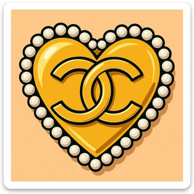 Chanel heart with interlocking C's, metallic gold, pearl border, elegant, vibrant toon style sticker