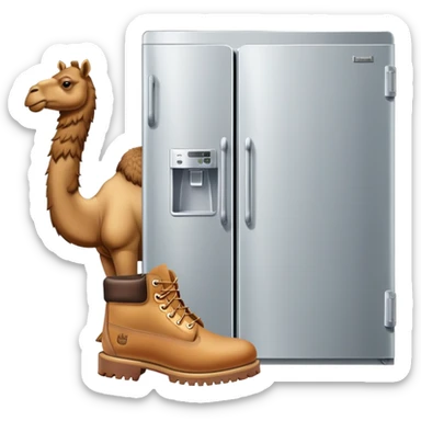 A silver refrigerator with doors as the body, a brown camel head with a hump on top, and tan Timberland boots on the bottom sticker