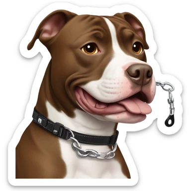 Brown pitbull with white marks, with uncropped ear, smiling with black body leash sticker