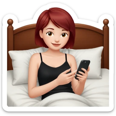 generate a pretty fair bratz girl with short dark red hair using her phone in bed, smiling . Wearing a black cami sticker