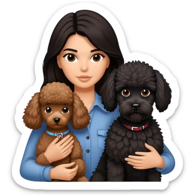 Kendall Jenner with long dark hair holding a brown poodle and a black schnauzer sticker