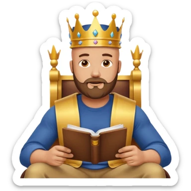 Buff bald bearded man wearing crown and cap, sitting on throne of documents, Instagram icon floating, golden glow, minimal emoji sticker