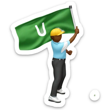 Golfer jumping up in the air with a golf club in hand on the putting green with the flag in the hole sticker