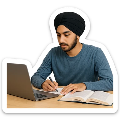 university sikh boy sitting at a desk with laptop open, wearing a turban, focused on studying sticker