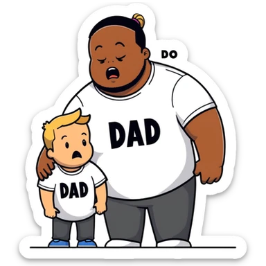 A fat short guy in a black hoodie with a ponytail is crying. Behind him are two black men, one wearing a white t-shirt with "MOM" text, the other wearing a white t-shirt with "DAD" text. sticker