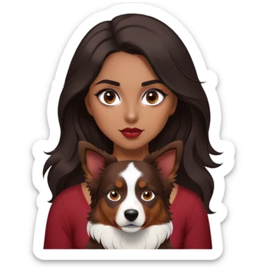 One latina girl with long beautiful dark hair and dark eyes in a dark red v neck and makeup with her black tri colored  Australian shepherd large sticker