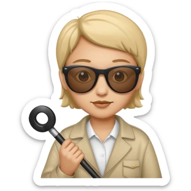 A blind person wearing sunglasses and holding a guide cane sticker