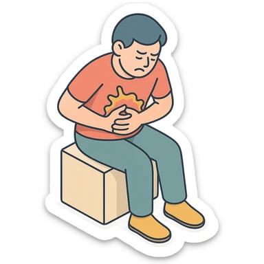 person (patient) holding stomach in pain, cringing from discomfort, 2D isometric style, soft rounded shapes, detailed shadows and highlights, clean contours, pastel palette, modern illustration, transparent background sticker