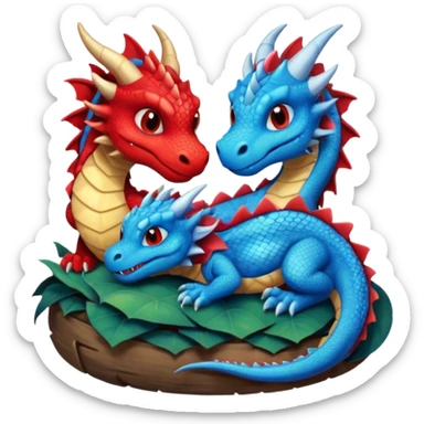 a pair of dragons, one red and one blue, and they are so cute and asleep in their den. sticker