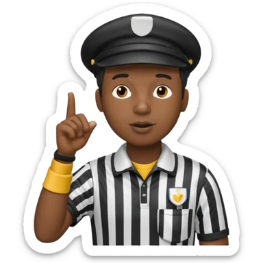 A black calm referee with striped shirt, wearing a cap while blowing a whistle, pointing clearly toward the field. sticker