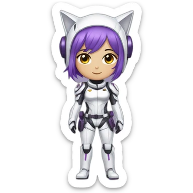 Anime mech pilot girl with short straight purple hair white pilot suit and short metal cat ears sticker