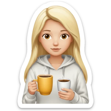 Girl with blonde long hair at white hoodie with a cup of coffee sticker