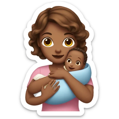 Woman with brown hair holding a baby girl sticker