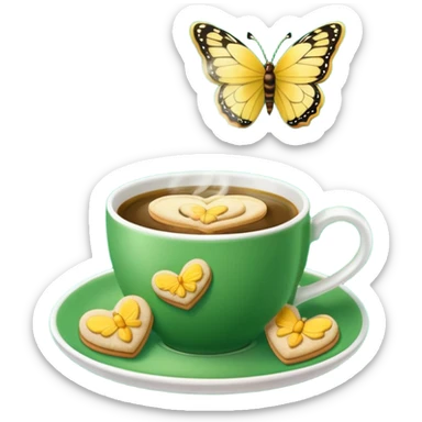 A green coffee cup, steaming in a heart shape, has a yellow butterfly print on it. The cup sits on a green saucer surrounded by cookies. sticker
