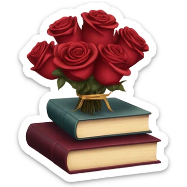 A red stack of books with a maroon bouquet of vintage-style roses and a silk ribbon sticker