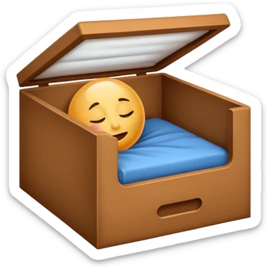 emoji of sleeping box, box is brown colored, open and empty, with a tiny Zzz bubble sticker