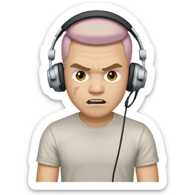 Male, angry, wearing headphone having mic, t-shirt 
 sticker