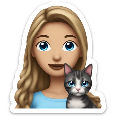 Woman with dark long hair, pink lips and blue eyes holding a tabby cat  sticker