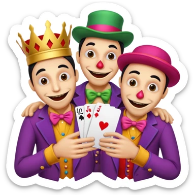 3 poker cards, with crazy colorful human jolly jokers inside, puppeteers sticker