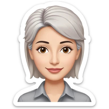 Puerto Rican actress Marian Pabón with elongated face, light pinkish skin, almond-shaped expressive eyes, straight nose, well-defined lips with wide smile, arched eyebrows, pronounced cheekbones, short spiky gray hair like a man's cut, wearing a white buttoned shirt sticker