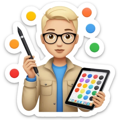 Emoji of a designer: creative expression, holding a stylus or tablet, with color palettes or design software icons around sticker