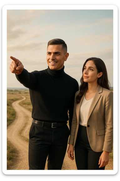 Editorial photo of a confident man standing at a crossroads, pointing decisively toward a clear path ahead. Beside him, a woman looks at him with trust and readiness to follow. Both are well-dressed, the setting is an open landscape with soft, natural light. The mood is one of leadership, guidance, and partnership. sticker