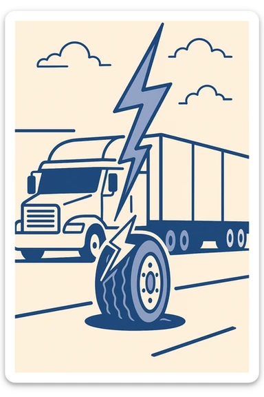 flat tire from a semi truck on the highway, dramatic lightning bolt hitting it, flat illustration style sticker