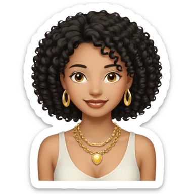 a young woman.She has voluminous, curly black hair that frames her face beautifully. Her skin tone is black light and glowing, and she has a subtle, natural makeup look. She’s smiling softly at the camera. She is wearing a white top sticker