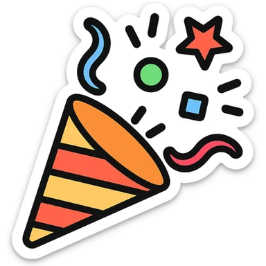 party popper with confetti icon in lineal color with black outlines sticker