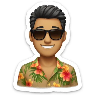 Smiling man, tan skin, black eyebrows, oblong face shape, dark brown messy haircut, wayfarer sunglasses, hawaiian shirt sticker
