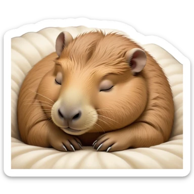 Meme-Worthy Cute Sleeping Capybara Portrait Emoji, Head resting peacefully with a contented smile, showcasing luxuriously soft, fluffy fur and a characteristic capybara head with a broad snout and small, gentle ears, with eyes gently closed in serene slumber, Simplified yet hilariously adorable features, highly detailed, glowing with a soft, drowsy natural light, high shine, relaxed and utterly lovable, stylized with an air of playful laziness, bright and heartwarming, soft glowing outline, capturing the essence of a sleeping capybara that feels destined to become the next viral sensation of adorable rest! sticker