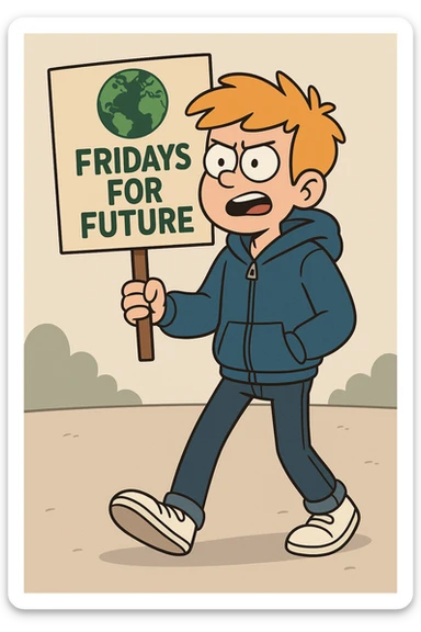  Fridays for Future a boy Yellow Orange hair blue jackets hoodie dark blue jeans white shoe  sticker