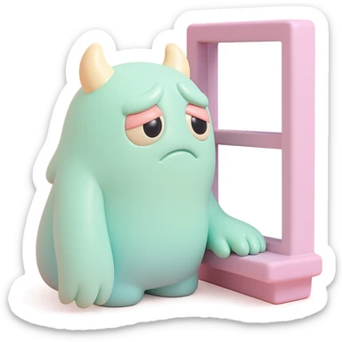 monster looking out a window, longing expression, soft pastel palette, toy-like vinyl figure style sticker