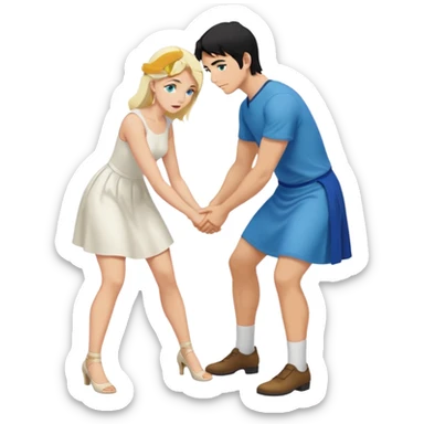 Man, black Hair, blue eyes, whole body, Woman, bending knees, blonde, green eyes, White Dress, sticker