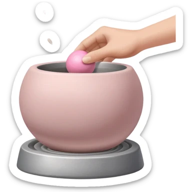 one hand throwing a pink ball of clay onto a flat silver pottery wheel surface sticker