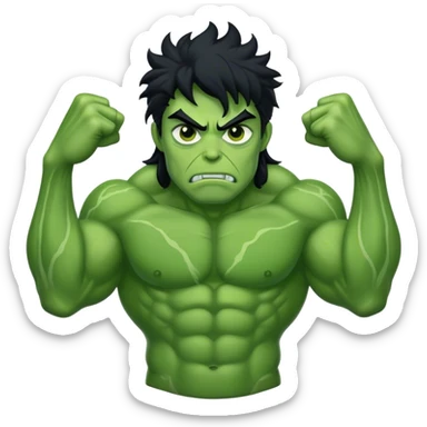 a tall green giant with muscles and messy black hair with green skin sticker
