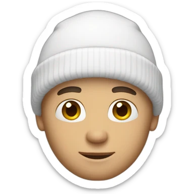 white male, wearing a white beanie showing how full he is sticker