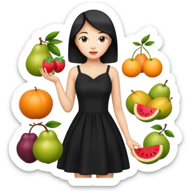 asian young woman in black dress with images of fruits on it sticker