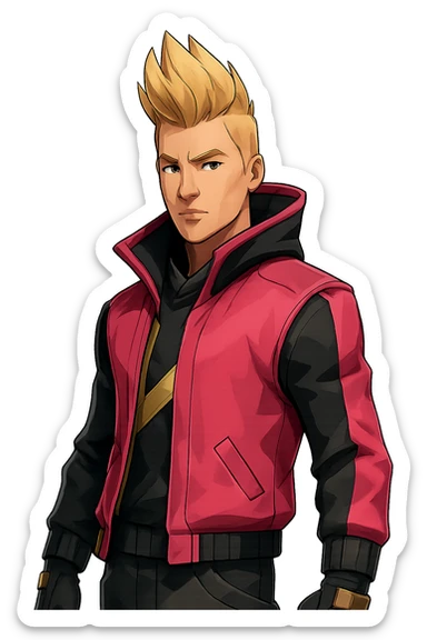 Fortnite Drift skin, unmasked, spiky blond hair, pink and gold jacket, stylized, no text sticker