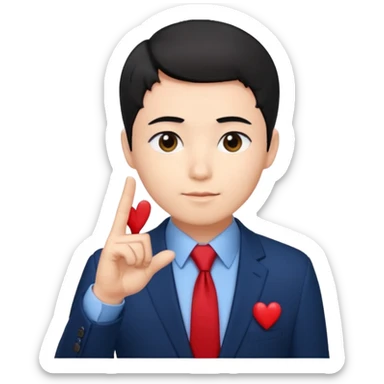 A man in very black short hair with all back hair style, wearing dark blue suit and red tie, making a Korean finger heart like photo sticker