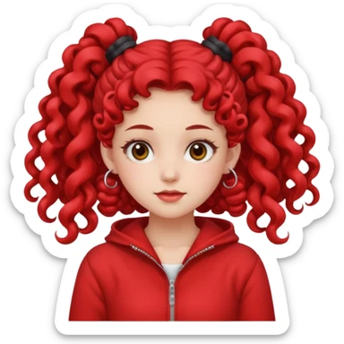 Give her long curly hair with two space buns up and red clothes sticker