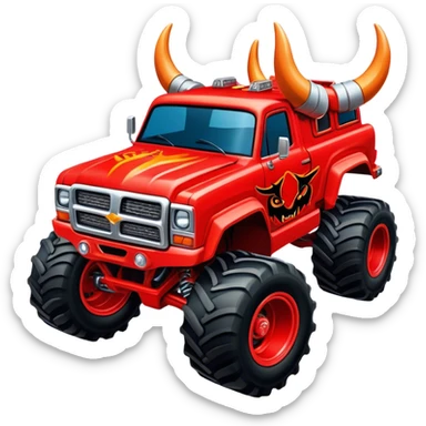 El Toro Loco - Monster Jam (Model Year: 2022) (Iconic colour: Red with horns) - An eye-catching monster truck with a wild, rebellious design in bold red. Include stylized, large horn graphics and aggressive facial elements that evoke a bull-like, ferocious appearance, exuding daring and unstoppable force. sticker