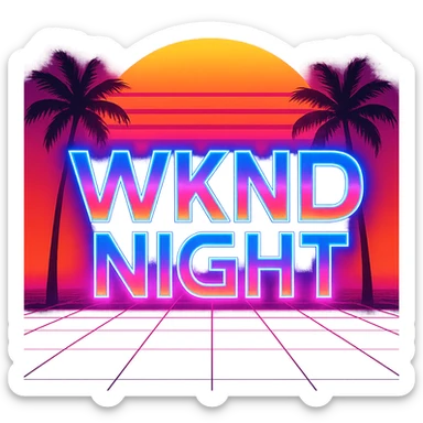 WKND NIGHT as a retro 80s style logo, vibrant gradients, synthwave feel sticker