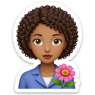 mulher com cabelo cacheado curto com uma flor ao lado, pele parda, olho castanho escuro sticker