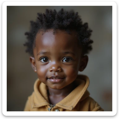 a realistic miniature black child with a warm expression, detailed face, natural skin tone, lifelike details sticker
